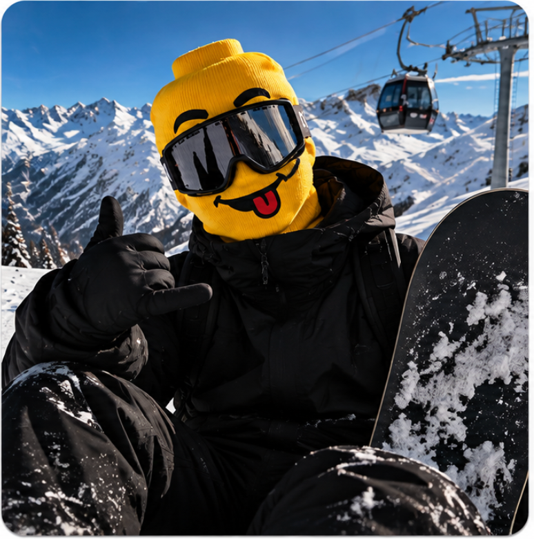 Customer wearing the FacePlant Brick ski mask on a chairlift